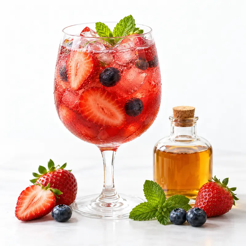 Bebida roja con fresas y arándanos en una copa sobre fondo blanco