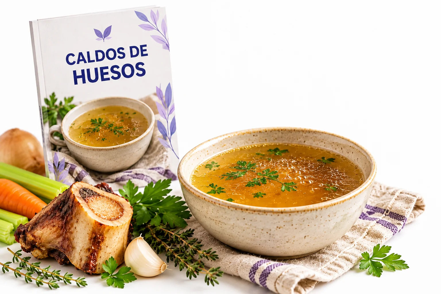 Guía de caldo de huesos junto a una taza de caldo dorado