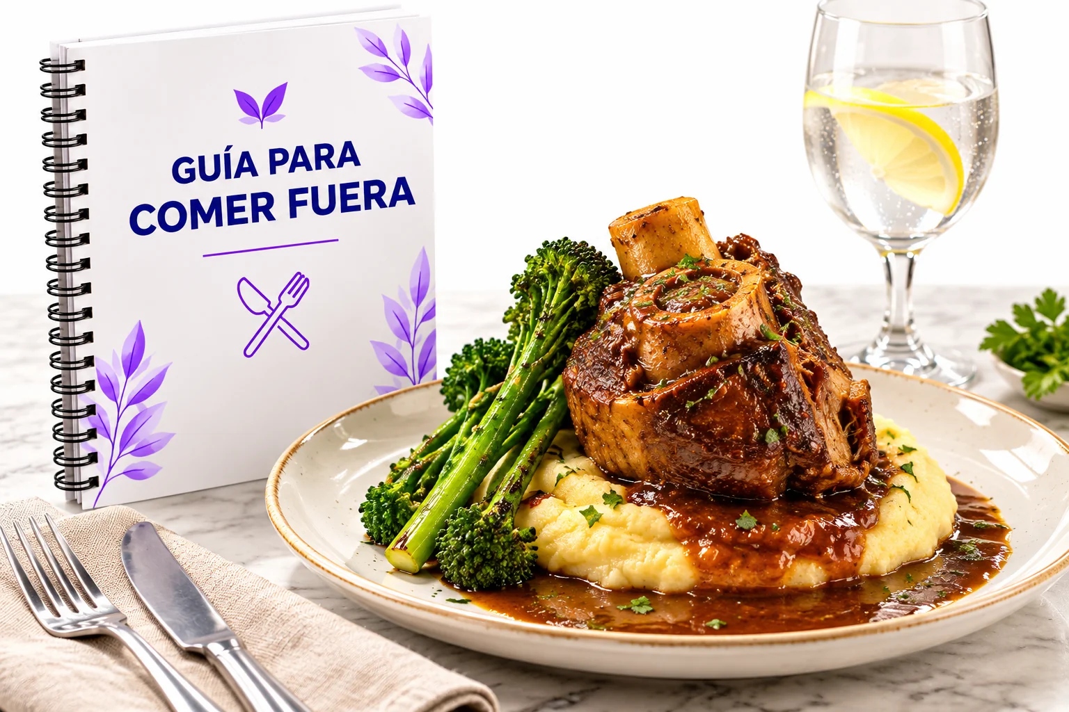 Guía para Comer Fuera con ossobuco sobre polenta, brócoli y agua con limón