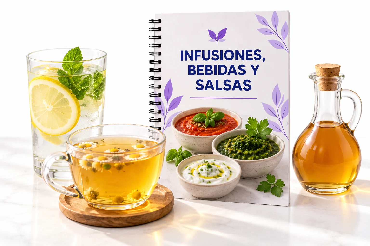 Guía con té, agua con limón y salsas caseras