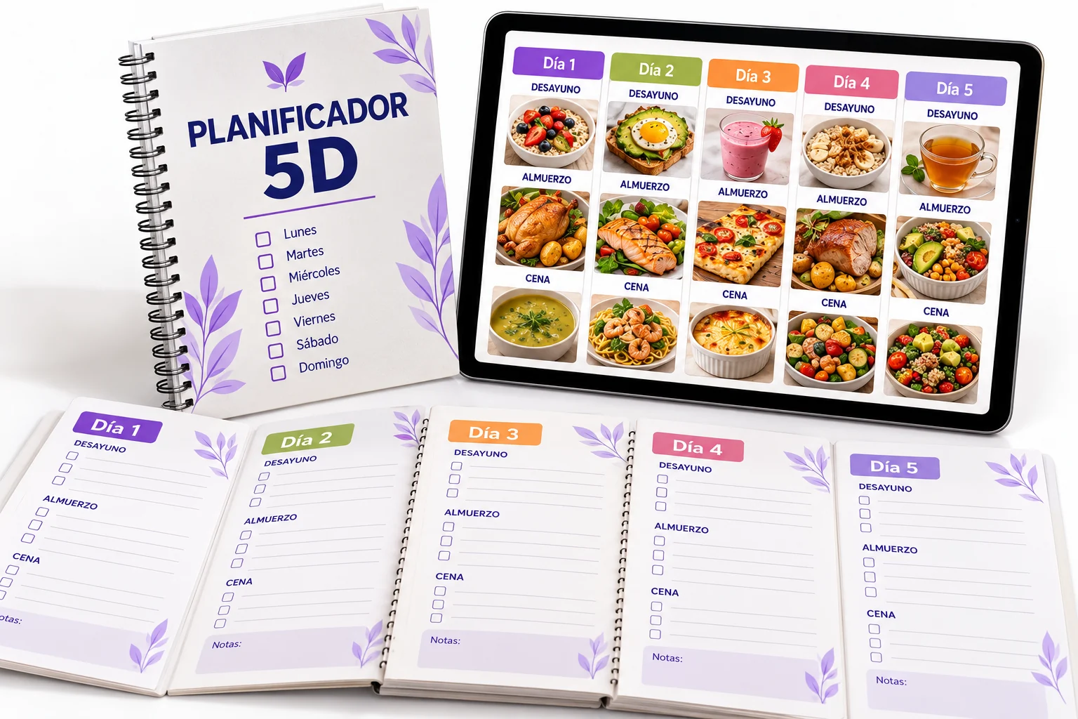 Planificador abierto con cinco días y comidas
