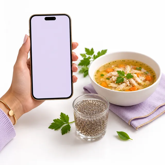Móvil en la mano junto a una comida casera y chía, sobre fondo blanco