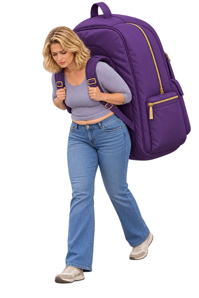 Mujer cargando una mochila pesada