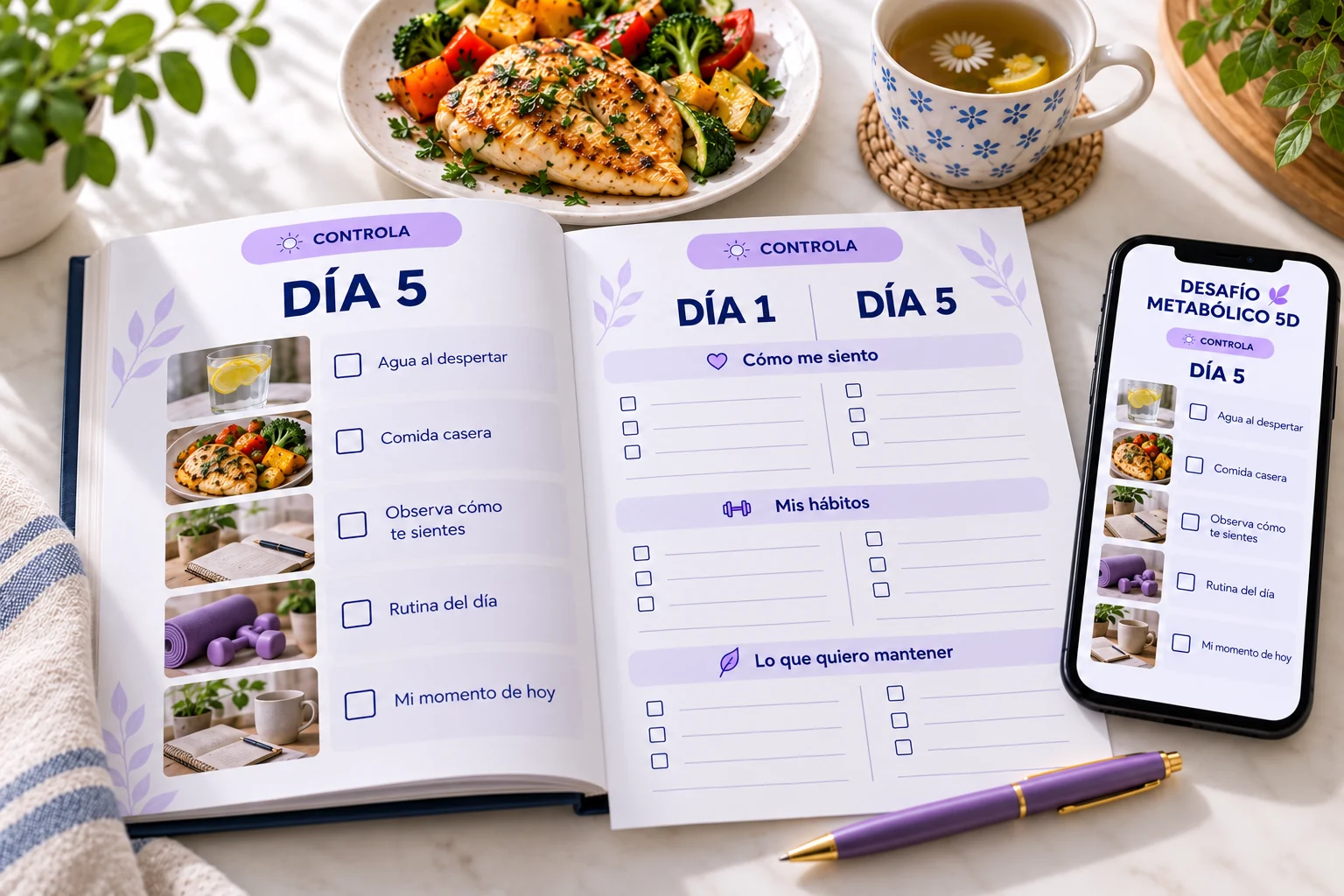 Guía del día 5 con planificador y comida casera