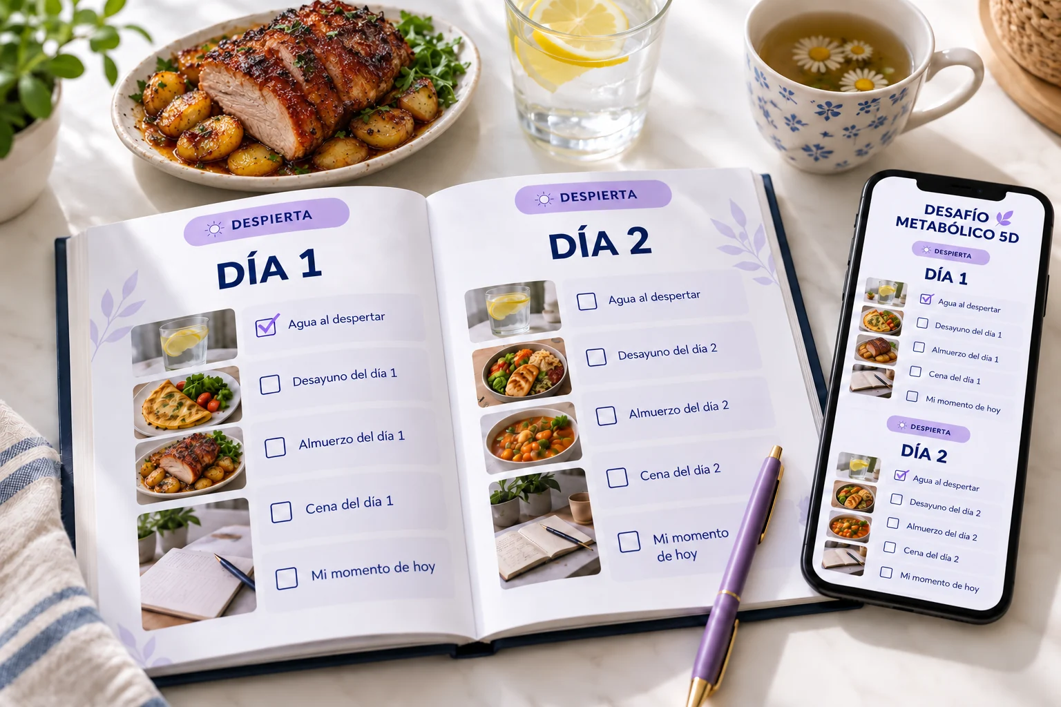Guía de los días 1 y 2 con un plato casero de pernil y papas
