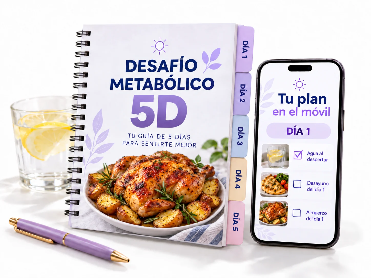 Guía Desafío Metabólico 5D con los cinco días, teléfono y pollo asado con papas