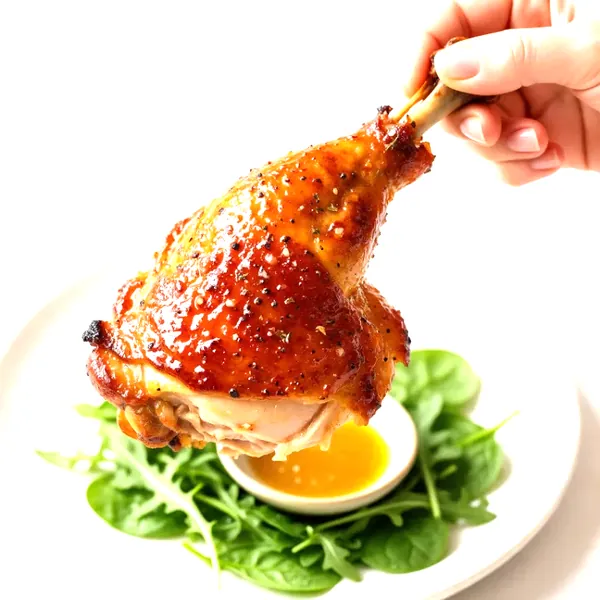 Muslo de pollo dorado y jugoso con ensalada